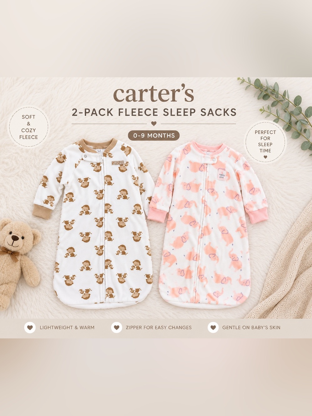 Carter’s child of mine boy girl twins 2-Pack Fleece Sleep Sacks 0-9 months